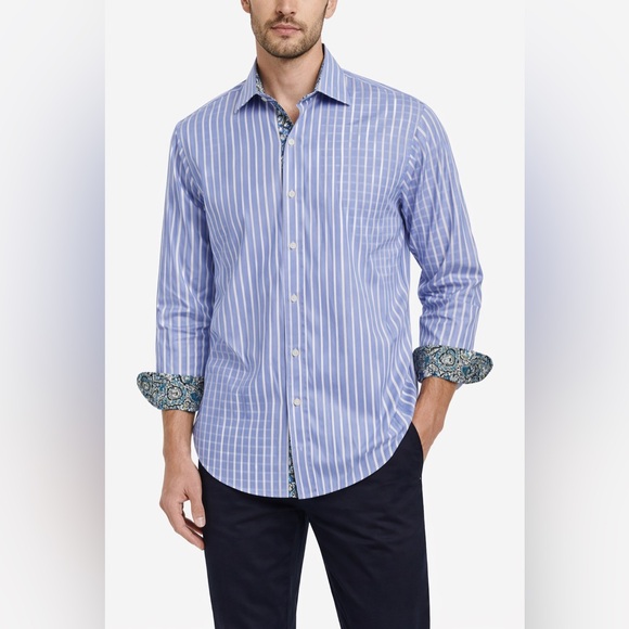 Robert Graham Other - Robert Graham Men’s M Blue Stripe Shirt Paisley Flip Cuff Contrast Button Down